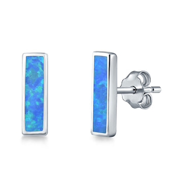 Bar Stud Earrings Lab Created Blue Opal 925 Sterling Silver